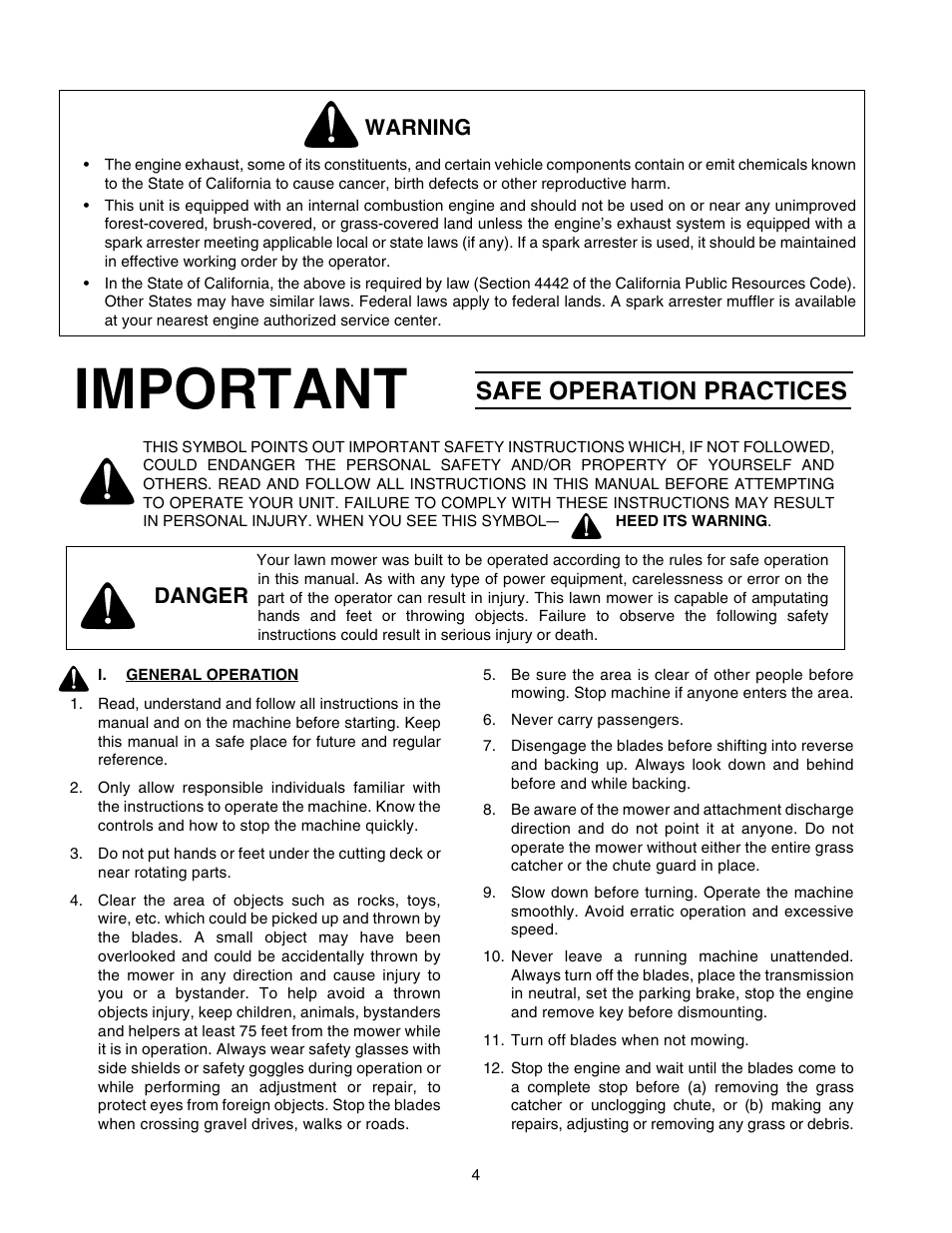 Important, Safe operation practices, Warning | Danger | Troy-Bilt RZT 50 User Manual | Page 4 / 36