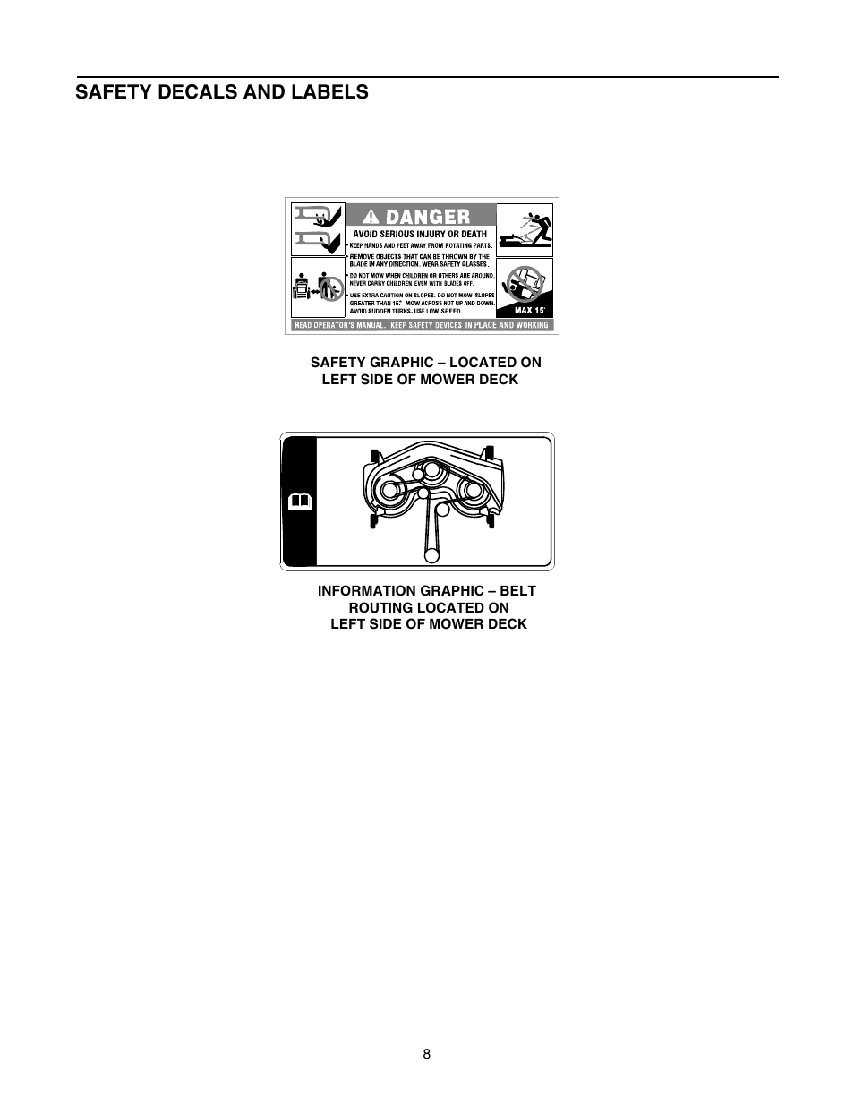 Safety decals and labels | Troy-Bilt RZT 50 User Manual | Page 8 / 36