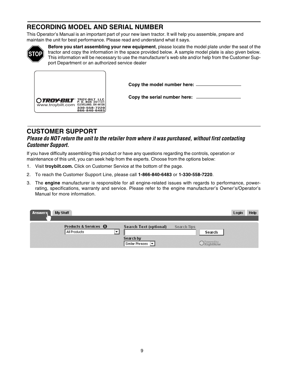 Recording model and serial number, Customer support | Troy-Bilt RZT 50 User Manual | Page 9 / 36