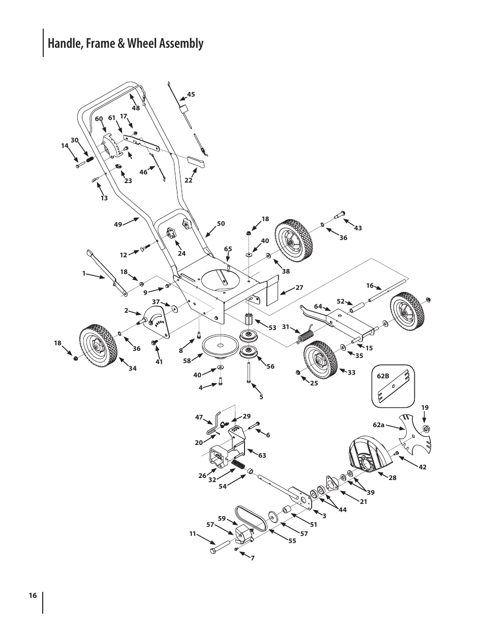 Handle, frame & wheel assembly | Troy-Bilt 554 User Manual | Page 16 / 36