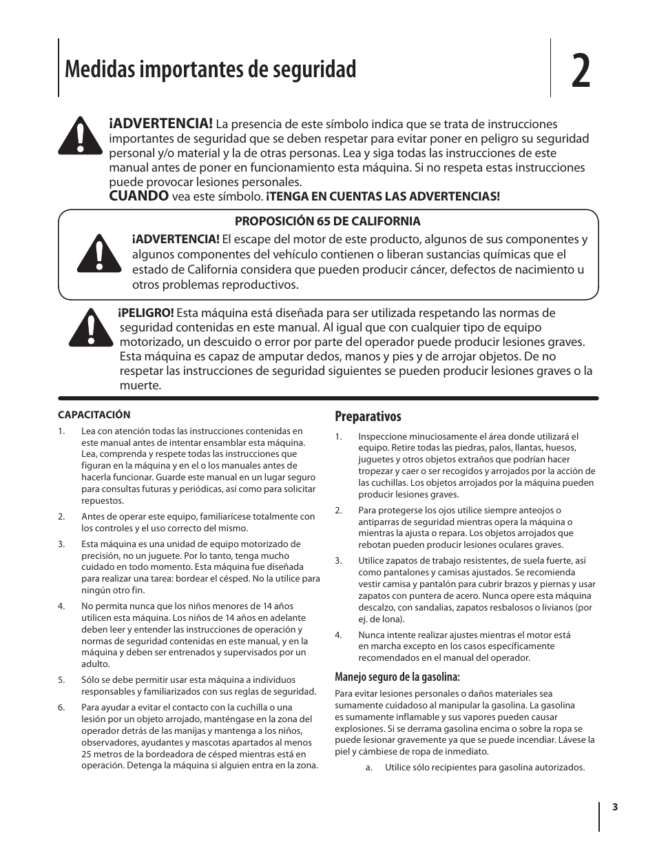 Medidas importantes de seguridad, Preparativos, Advertencia | Cuando | Troy-Bilt 554 User Manual | Page 23 / 36