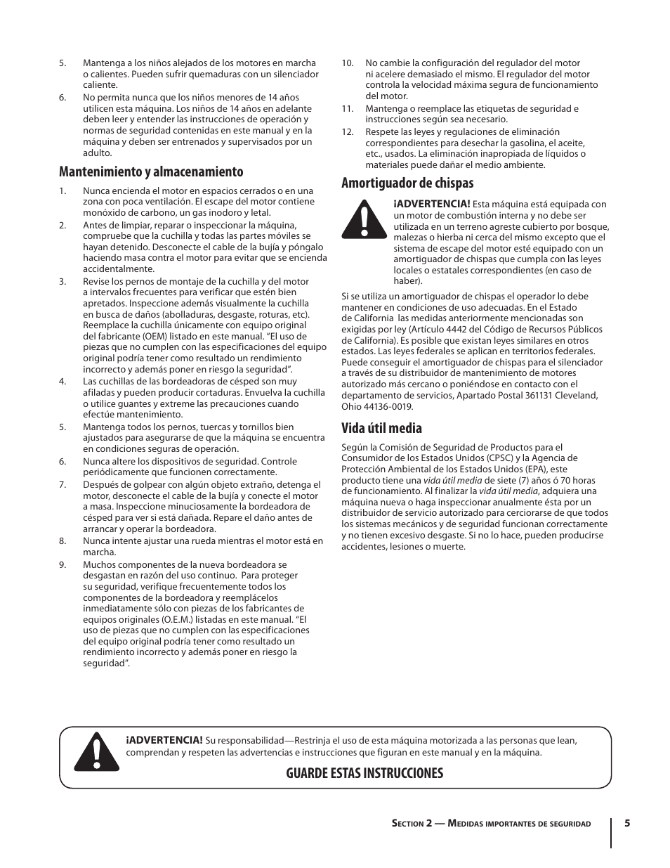 Mantenimiento y almacenamiento, Amortiguador de chispas, Vida útil media | Guarde estas instrucciones | Troy-Bilt 554 User Manual | Page 25 / 36