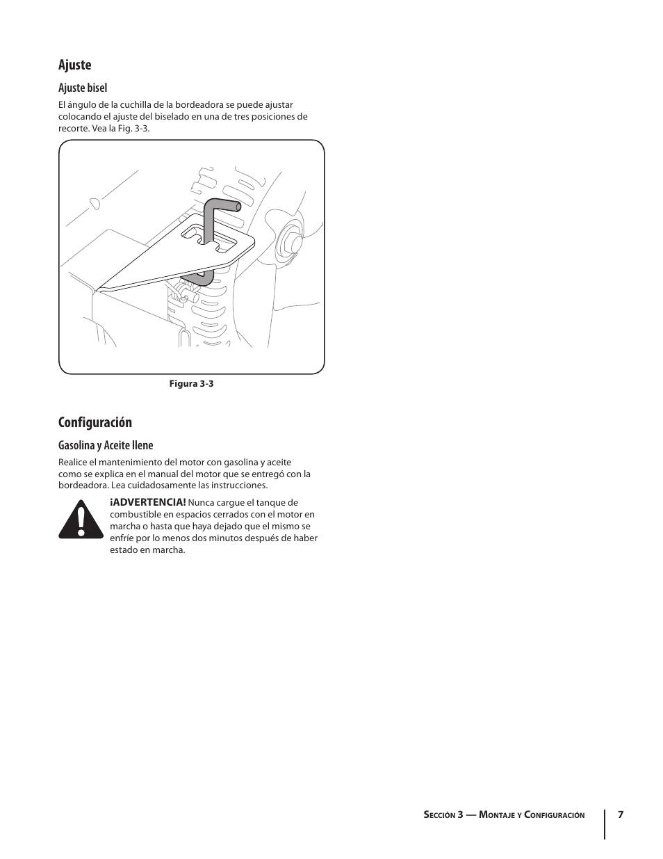 Ajuste, Configuración, Ajuste bisel | Gasolina y aceite llene | Troy-Bilt 554 User Manual | Page 27 / 36