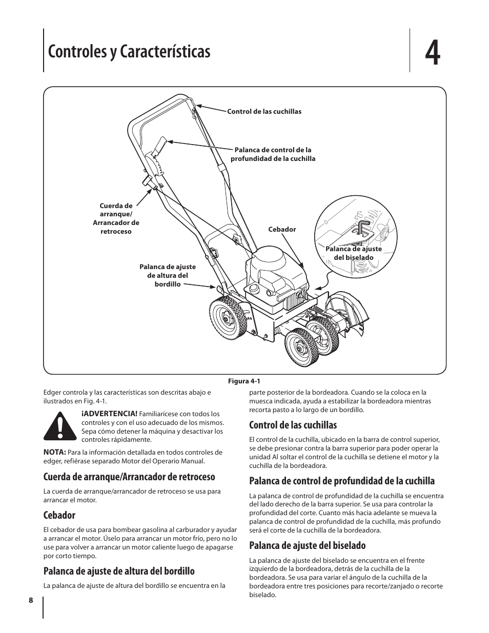 Controles y características, Cuerda de arranque/arrancador de retroceso, Cebador | Palanca de ajuste de altura del bordillo, Control de las cuchillas, Palanca de control de profundidad de la cuchilla, Palanca de ajuste del biselado | Troy-Bilt 554 User Manual | Page 28 / 36