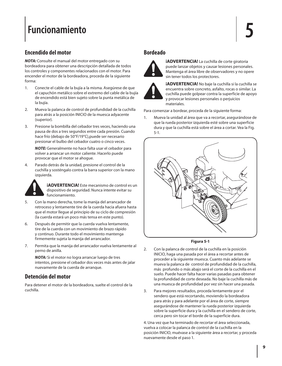 Funcionamiento, Encendido del motor, Detención del motor | Bordeado | Troy-Bilt 554 User Manual | Page 29 / 36