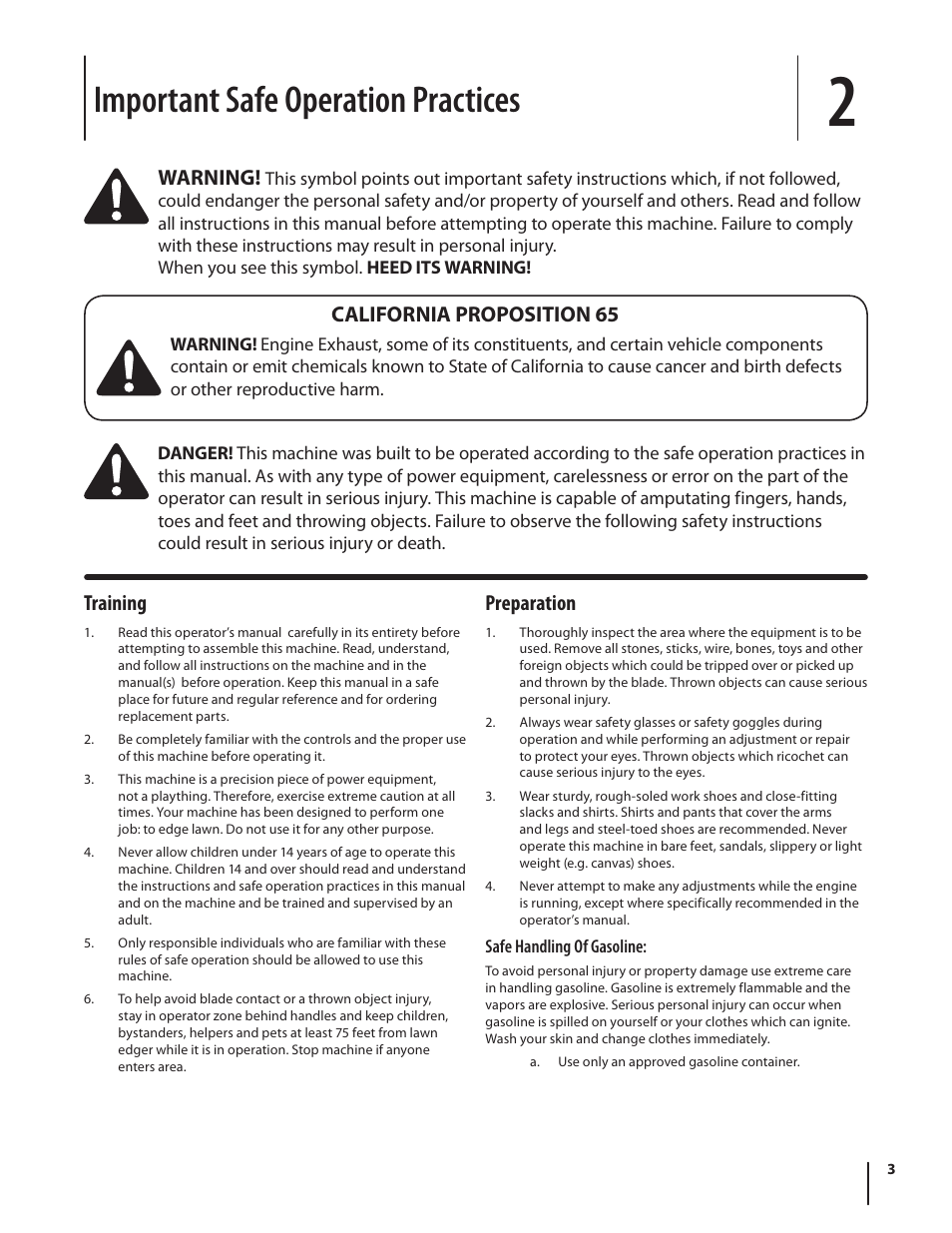 Important safe operation practices, Preparation, Training | Warning, California proposition 65 | Troy-Bilt 554 User Manual | Page 3 / 36