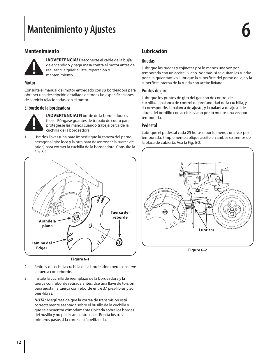 Mantenimiento y ajustes, Mantenimiento, Lubricación | Troy-Bilt 554 User Manual | Page 32 / 36