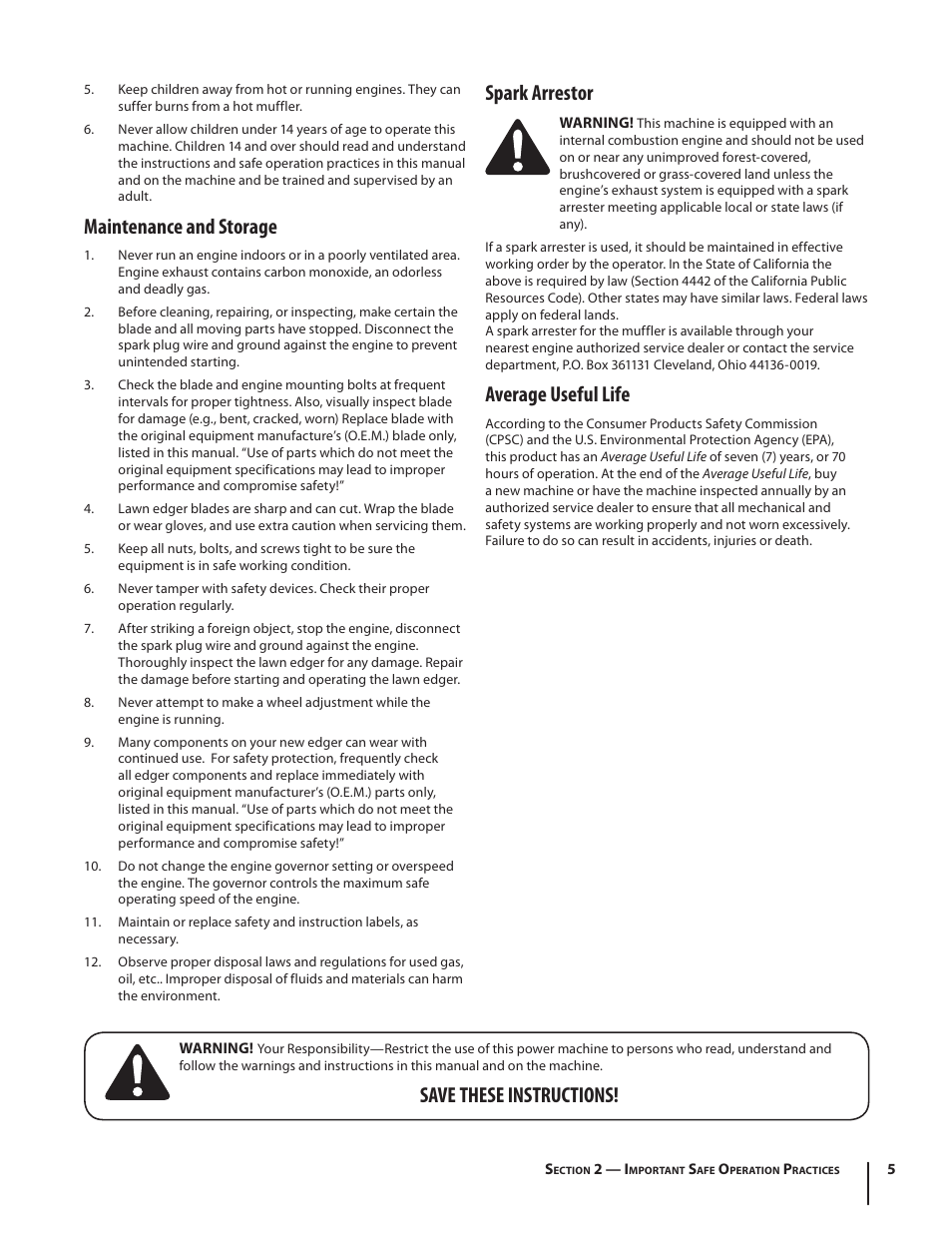 Maintenance and storage, Spark arrestor, Average useful life | Save these instructions | Troy-Bilt 554 User Manual | Page 5 / 36