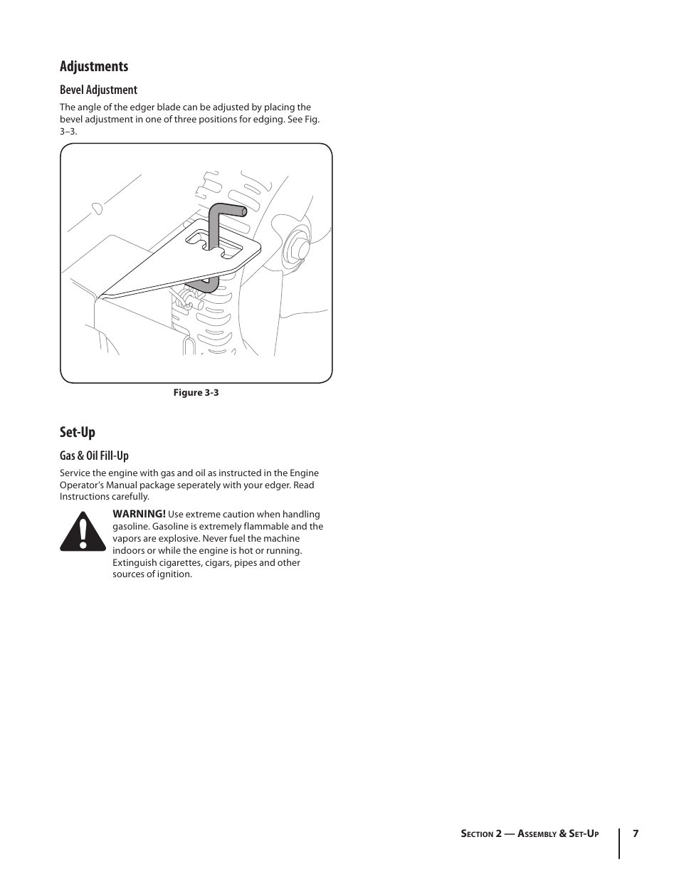 Adjustments, Set-up, Bevel adjustment | Gas & oil fill-up | Troy-Bilt 554 User Manual | Page 7 / 36