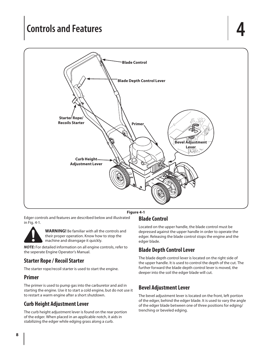 Controls and features, Starter rope / recoil starter, Primer | Curb height adjustment lever, Blade control, Blade depth control lever, Bevel adjustment lever | Troy-Bilt 554 User Manual | Page 8 / 36