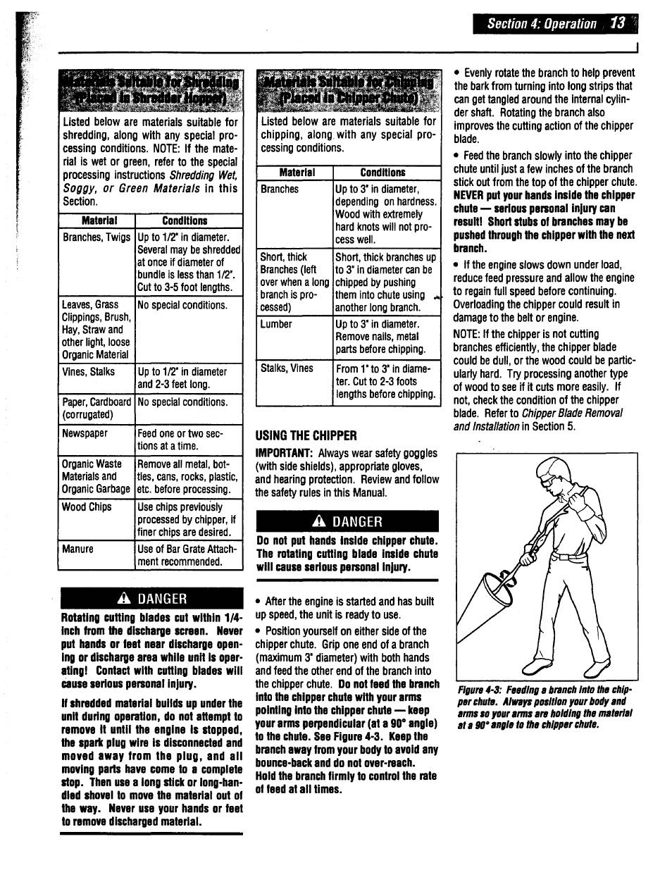 Using the chipper, A danger | Troy-Bilt 47330 User Manual | Page 13 / 27