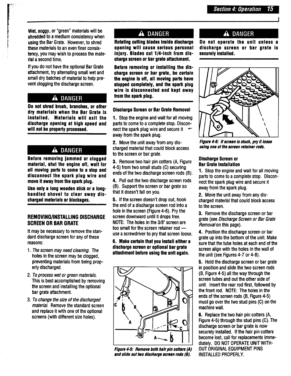 A danger, Discharge screen or bar grate removal, Discharge screen or bar grate installation | Troy-Bilt 47330 User Manual | Page 15 / 27
