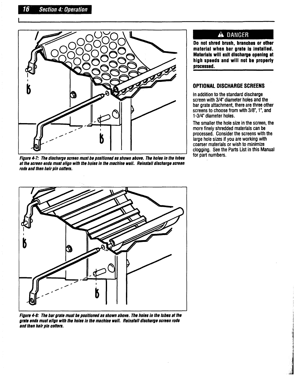 A danger, Optional oischarge screens, Optional discharge screens | Troy-Bilt 47330 User Manual | Page 16 / 27