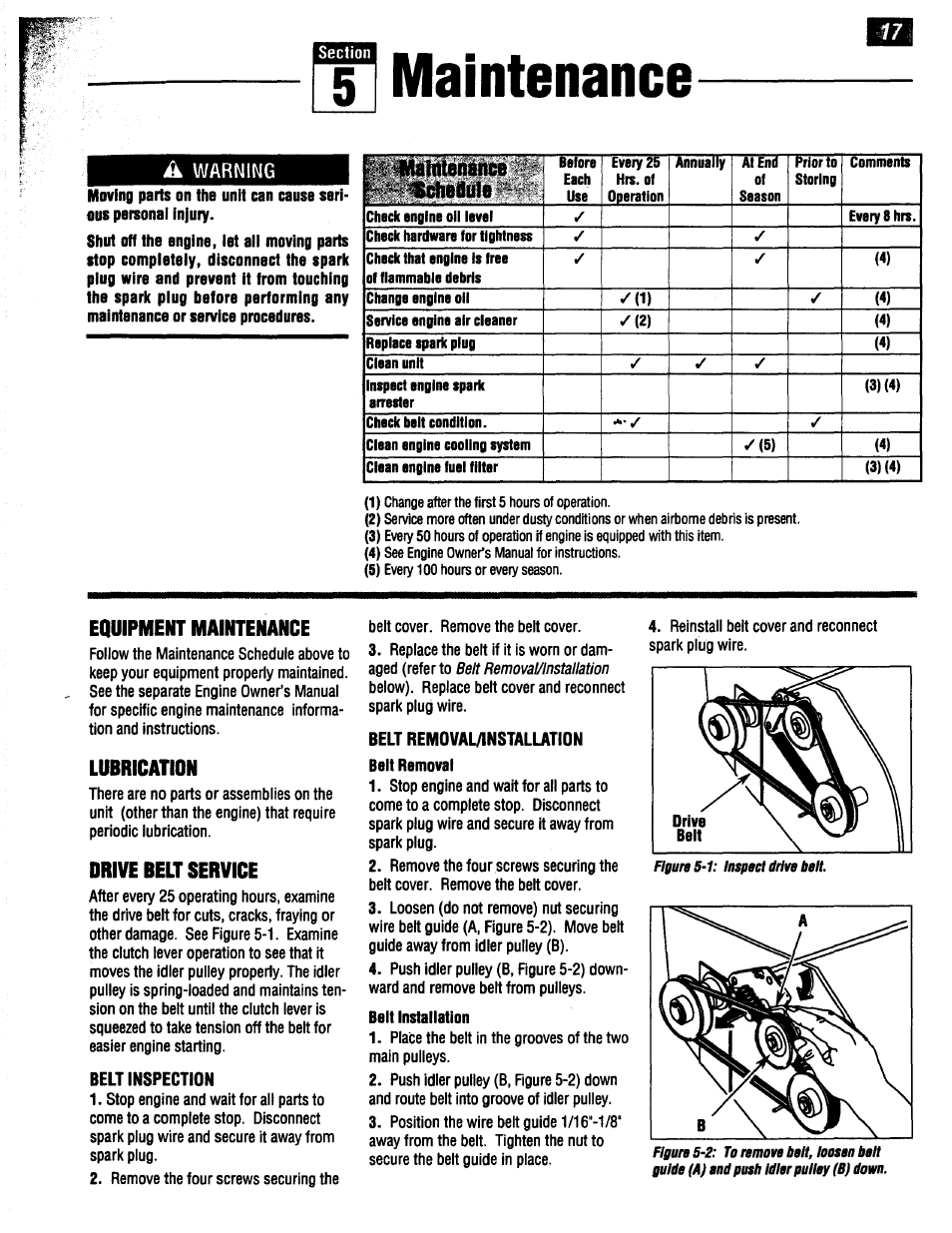A warning, Equipment maintenance, Lubrication | Drive belt service, Belt inspection, Belt installation, 51 maintenance, Il maintenaiice schedule | Troy-Bilt 47330 User Manual | Page 17 / 27