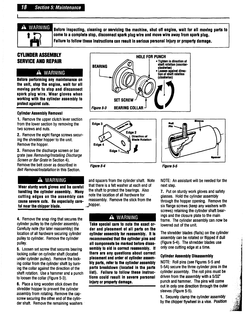 Cylinder assembly service and repair, A warning, Cylinder assembly removal | Cylinder assembly disassembly, Warning | Troy-Bilt 47330 User Manual | Page 18 / 27