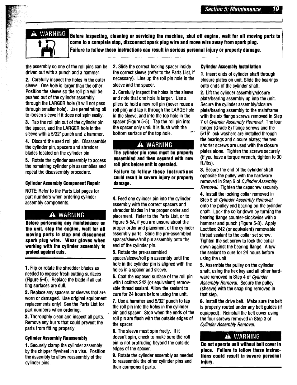 Cylinder assembly component repair, A warning, Л warning | Cylinder assembly installation | Troy-Bilt 47330 User Manual | Page 19 / 27
