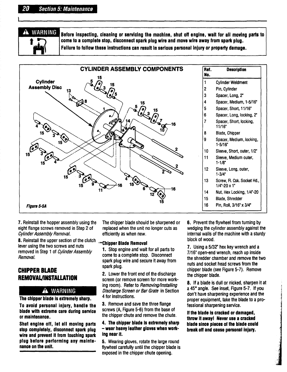 Chipper blade removal/instalution, A warning, Chipper blade removal/lnstallation | Cylinder assembly components, Warning, Chipper blade removal/instalution a | Troy-Bilt 47330 User Manual | Page 20 / 27