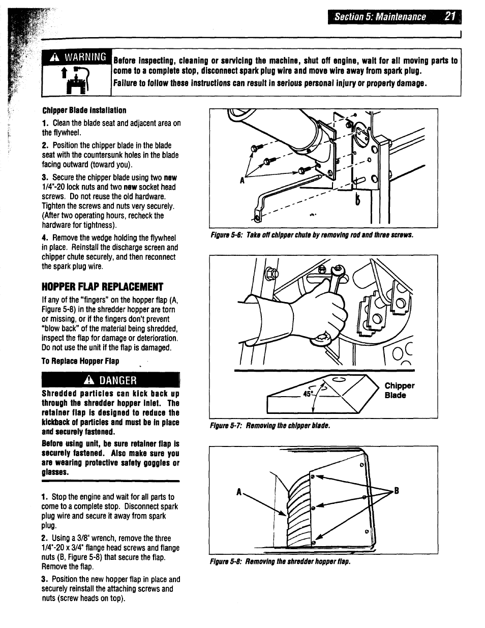 Hopper flap replacement, A danger | Troy-Bilt 47330 User Manual | Page 21 / 27