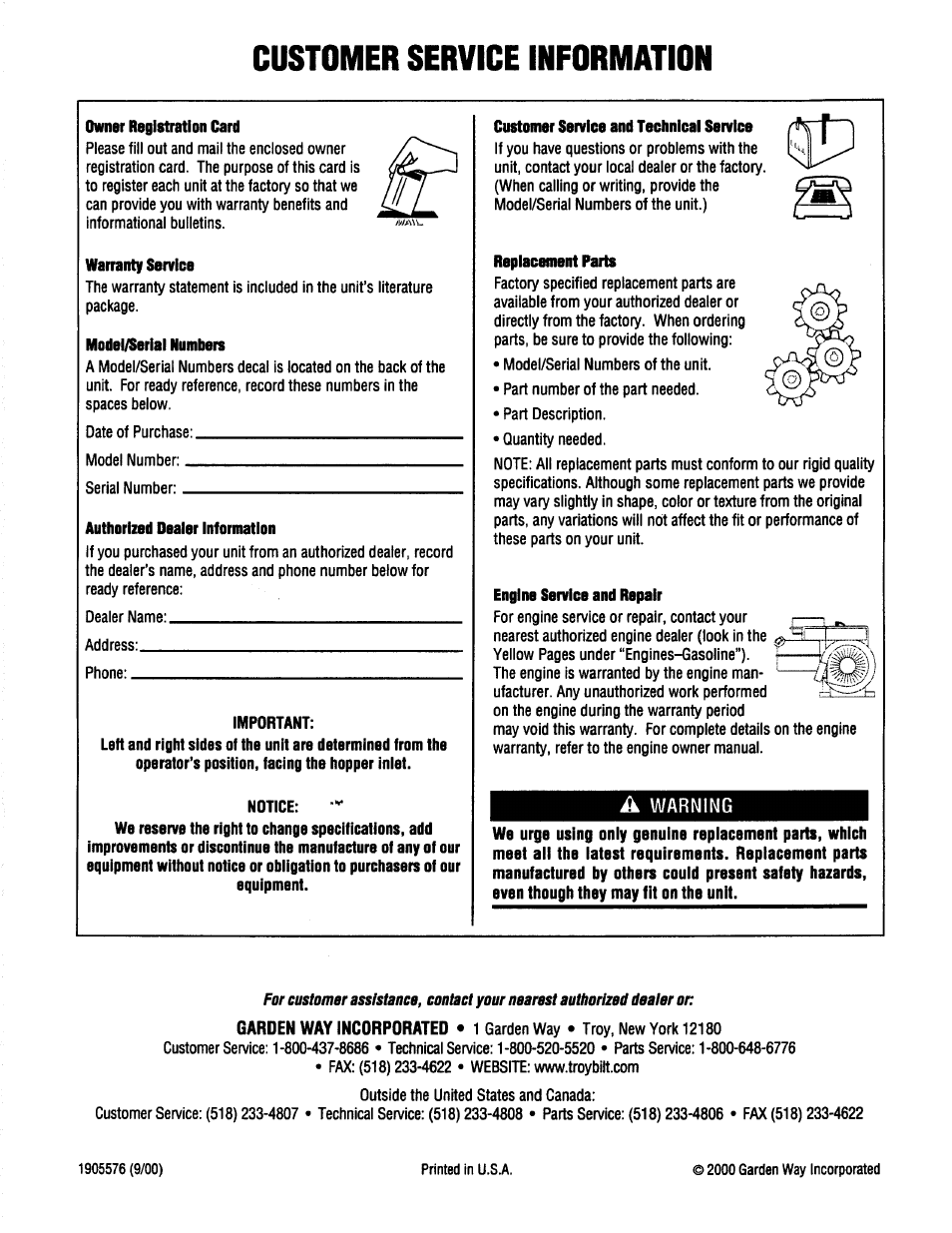 Owner registration card, Warranty service, Model/serial numbers | Authorized dealer information, Important, Notice, Customer service and technical service, Replacement parts, Engine service and repair, A warning | Troy-Bilt 47330 User Manual | Page 27 / 27