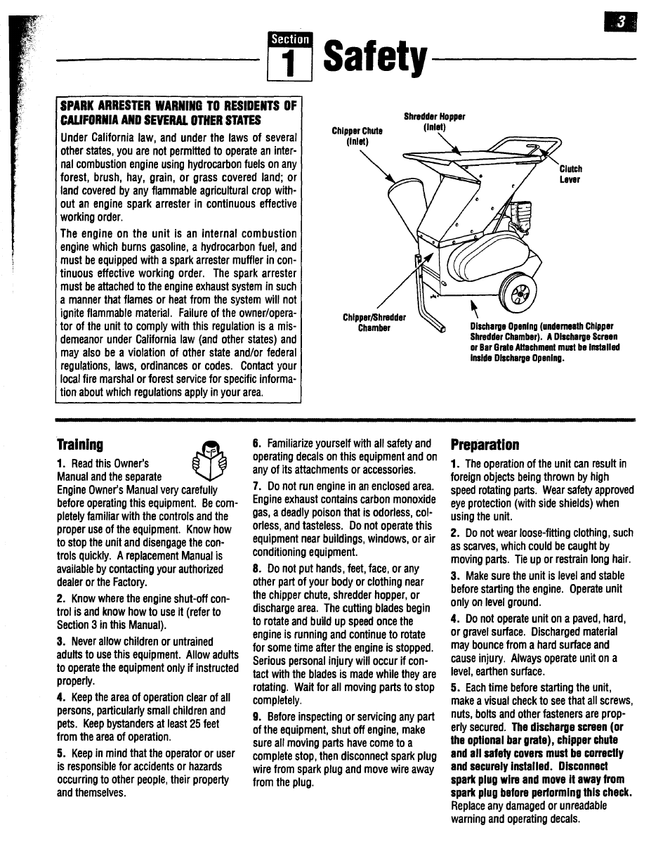 N safety, Training, Preparation | Troy-Bilt 47330 User Manual | Page 3 / 27