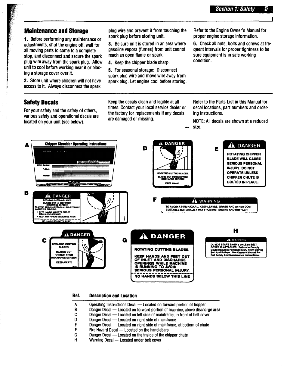 Maintenance and storage, Safety decals, A danger | Ref. description and location, Danger | Troy-Bilt 47330 User Manual | Page 5 / 27