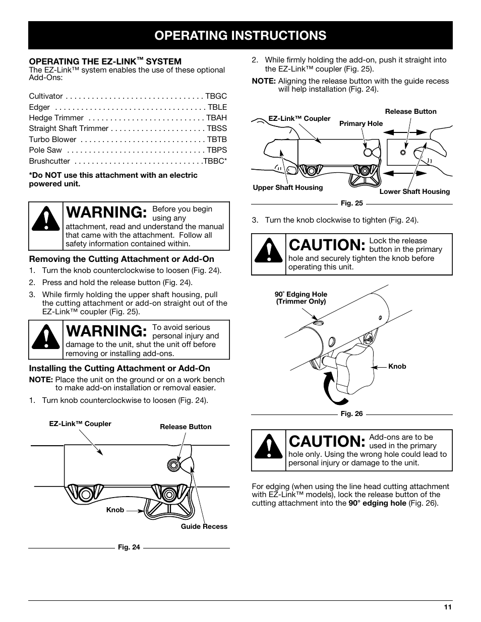 Warning, Caution, Operating instructions | Troy-Bilt TB425CS User Manual | Page 11 / 82