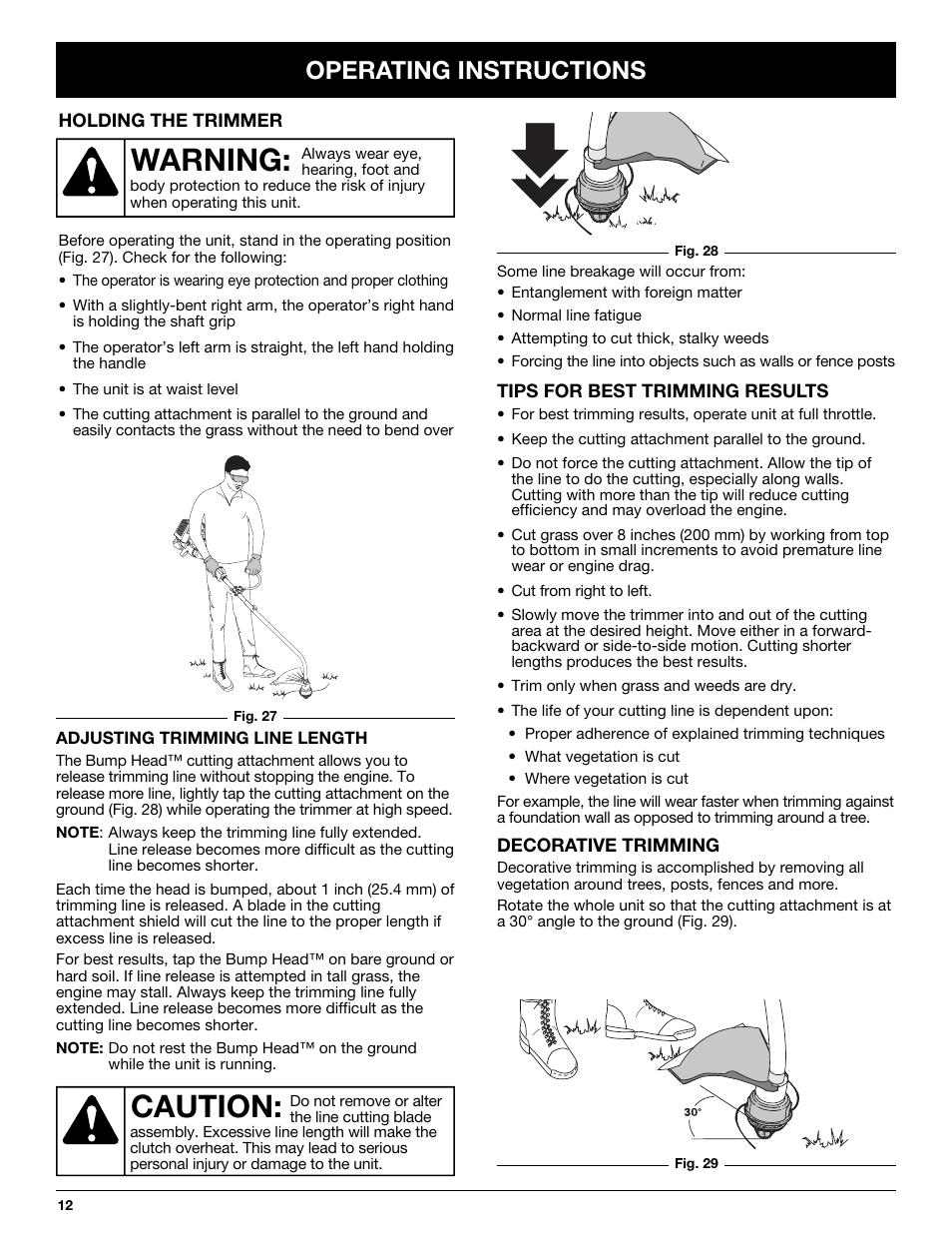 Caution, Warning, Operating instructions | Troy-Bilt TB425CS User Manual | Page 12 / 82