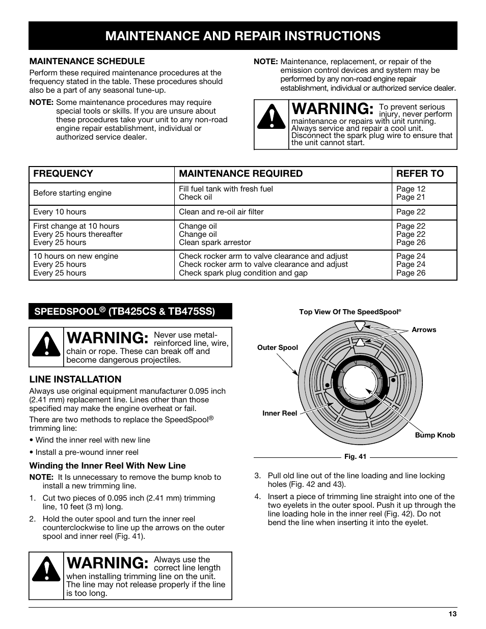 Warning, Maintenance and repair instructions, Tb425cs | Tb475ss | Troy-Bilt TB425CS User Manual | Page 13 / 82