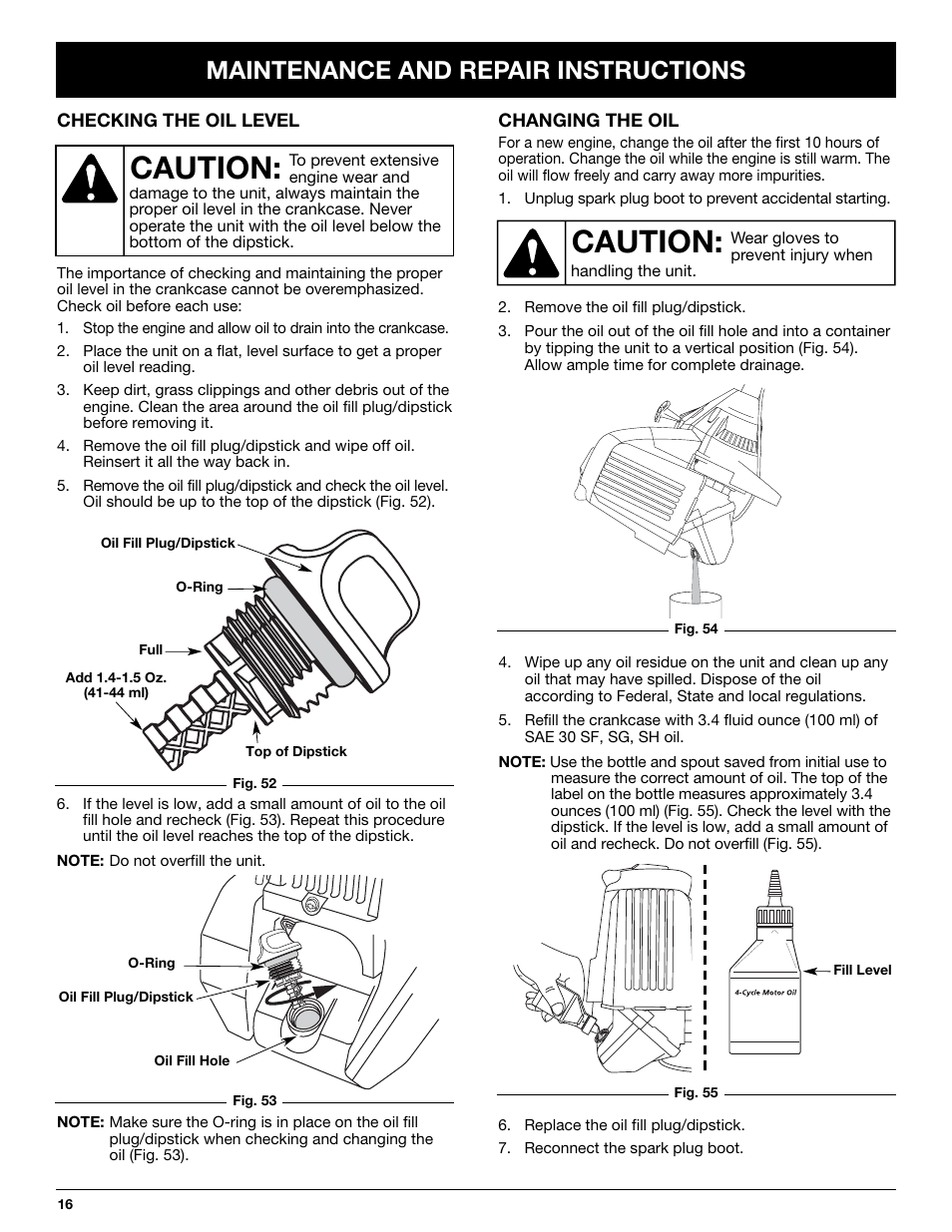 Caution, Maintenance and repair instructions | Troy-Bilt TB425CS User Manual | Page 16 / 82