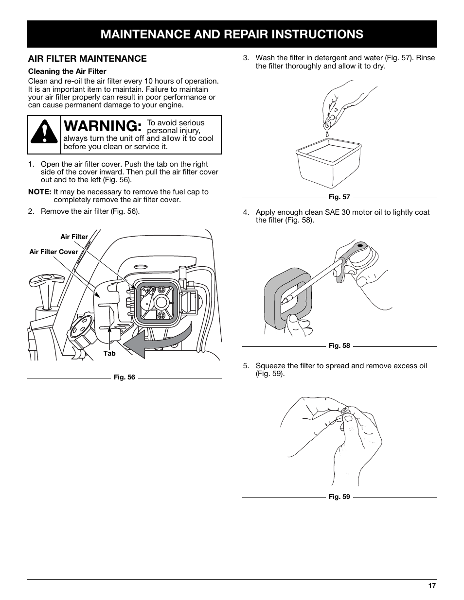 Warning, Maintenance and repair instructions | Troy-Bilt TB425CS User Manual | Page 17 / 82