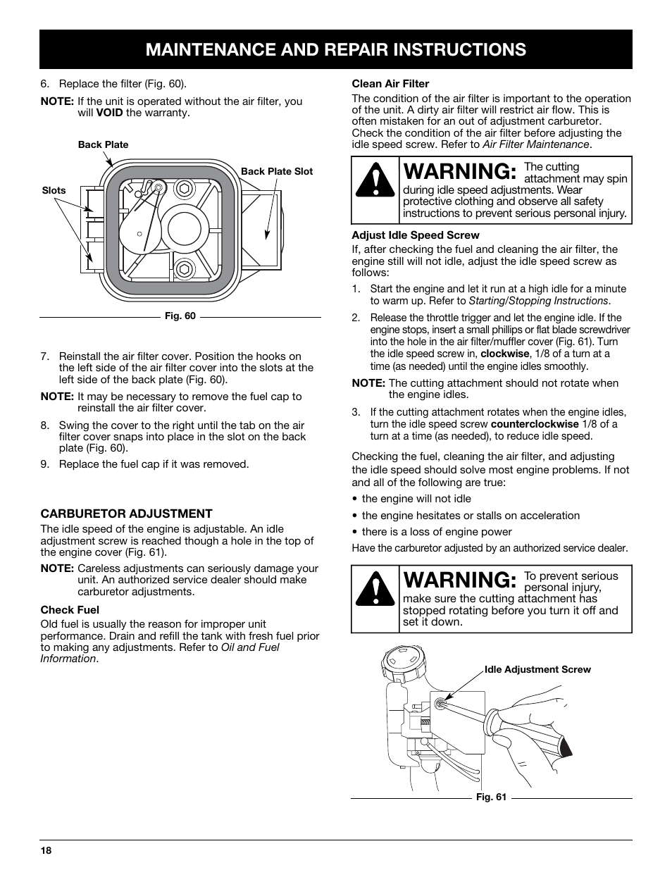 Warning, Maintenance and repair instructions | Troy-Bilt TB425CS User Manual | Page 18 / 82