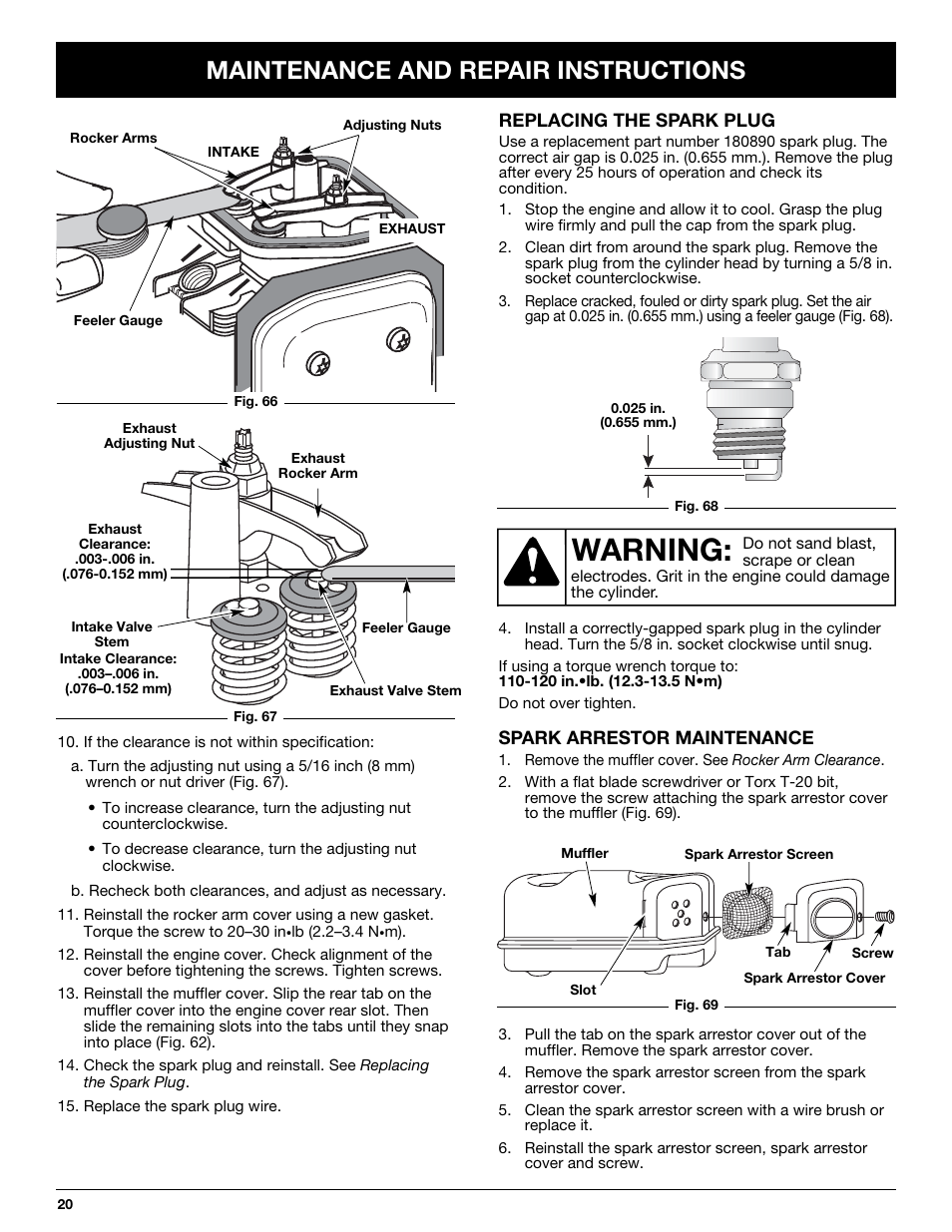 Warning, Maintenance and repair instructions | Troy-Bilt TB425CS User Manual | Page 20 / 82