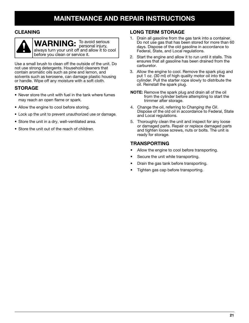 Warning, Maintenance and repair instructions | Troy-Bilt TB425CS User Manual | Page 21 / 82