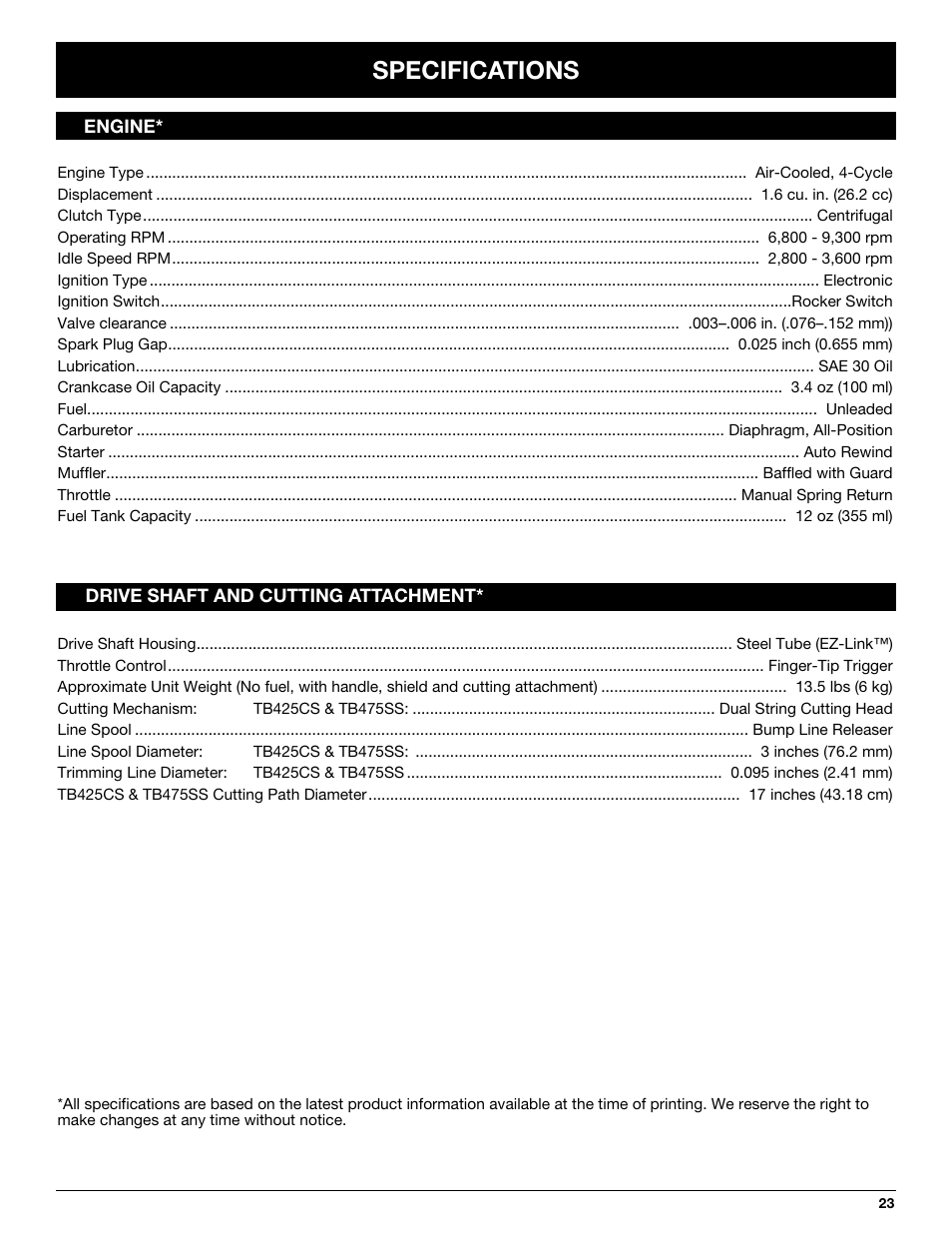 Specifications | Troy-Bilt TB425CS User Manual | Page 23 / 82