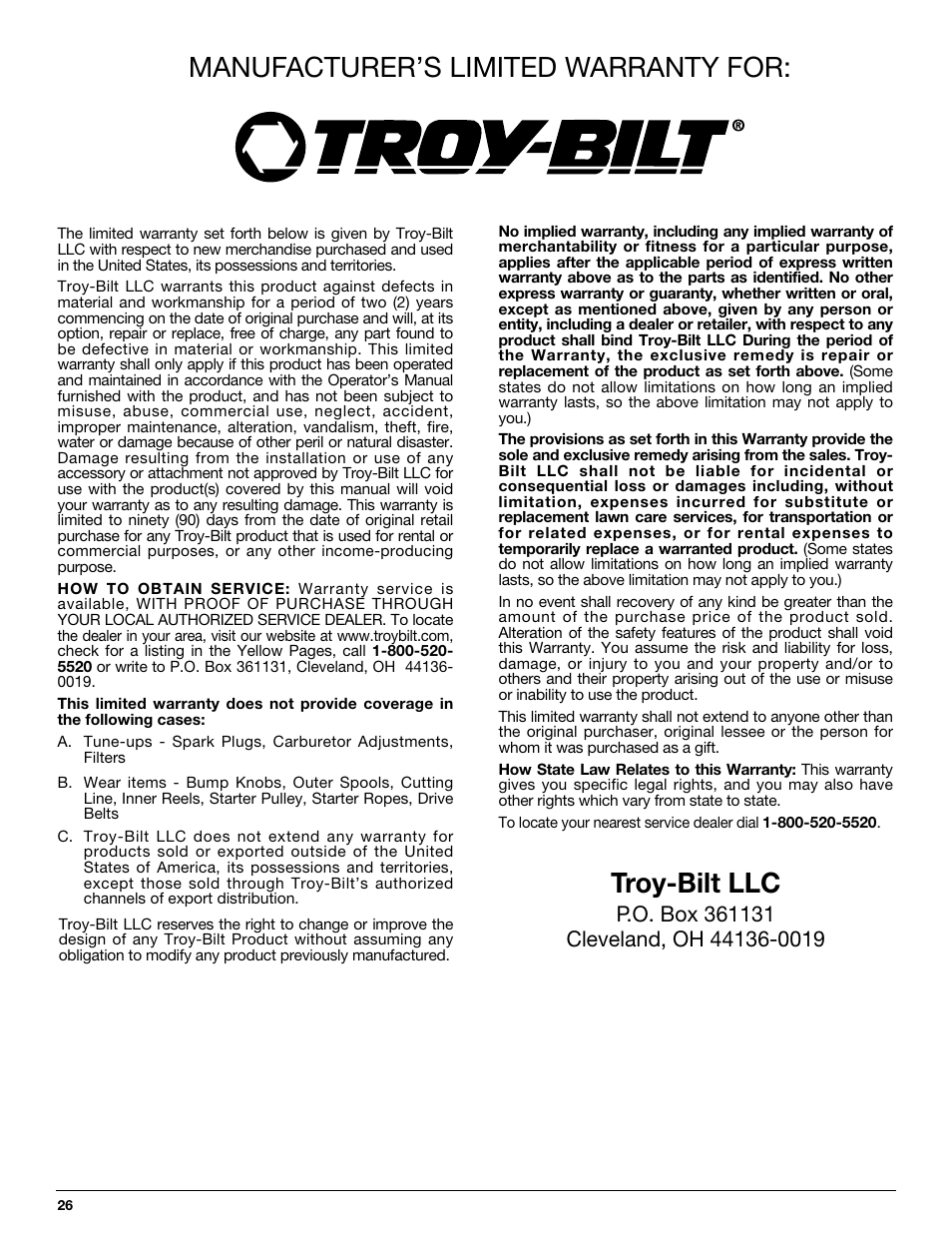 Manufacturer’s limited warranty for, Troy-bilt llc | Troy-Bilt TB425CS User Manual | Page 26 / 82