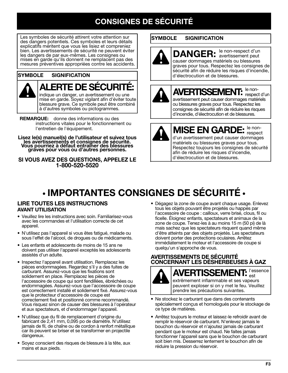 Avertissement, Danger, Mise en garde | Alerte de sécurité, Importantes consignes de sécurité, Consignes de sécurité | Troy-Bilt TB425CS User Manual | Page 29 / 82