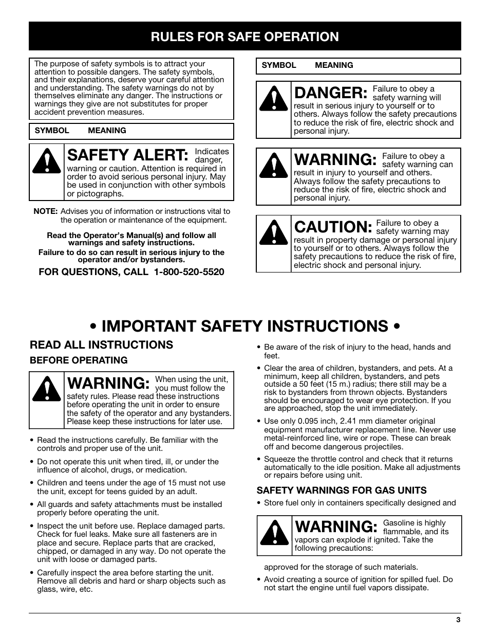 Warning, Danger, Caution | Safety alert, Warning: • important safety instructions, Rules for safe operation, Read all instructions | Troy-Bilt TB425CS User Manual | Page 3 / 82