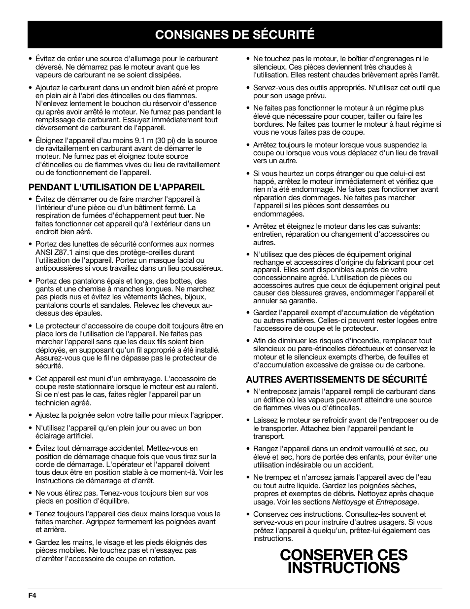 Conserver ces instructions, Consignes de sécurité | Troy-Bilt TB425CS User Manual | Page 30 / 82