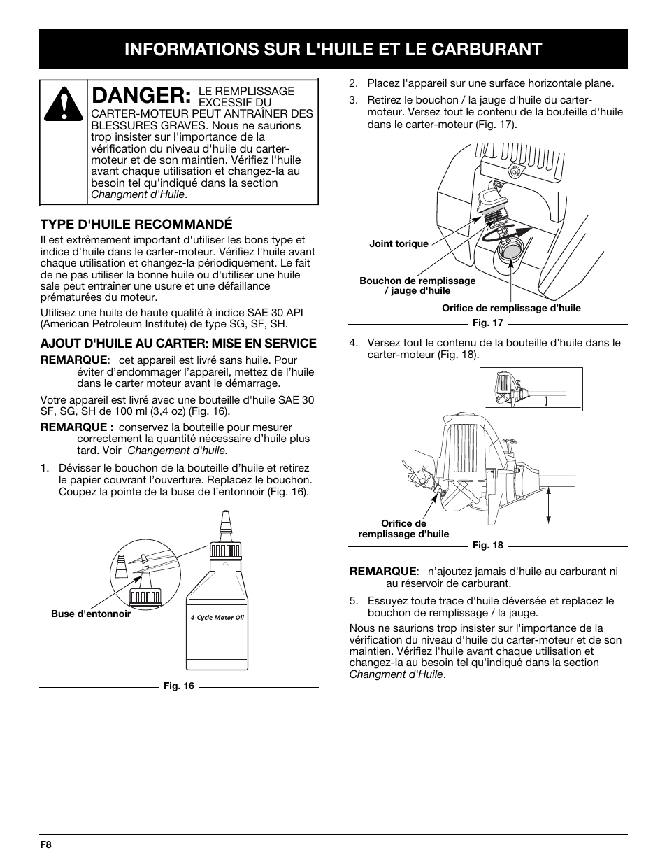 Danger, Informations sur l'huile et le carburant | Troy-Bilt TB425CS User Manual | Page 34 / 82
