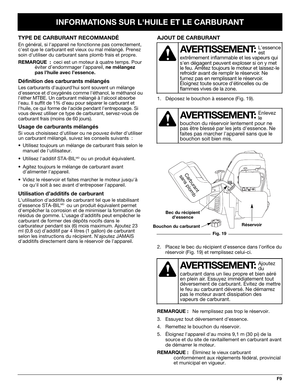 Avertissement, Informations sur l'huile et le carburant | Troy-Bilt TB425CS User Manual | Page 35 / 82