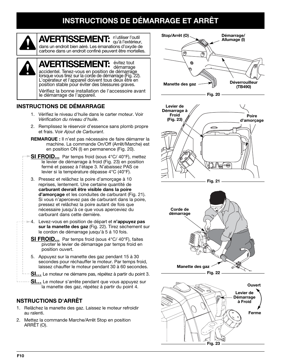 Avertissement, Instructions de démarrage et arrêt | Troy-Bilt TB425CS User Manual | Page 36 / 82