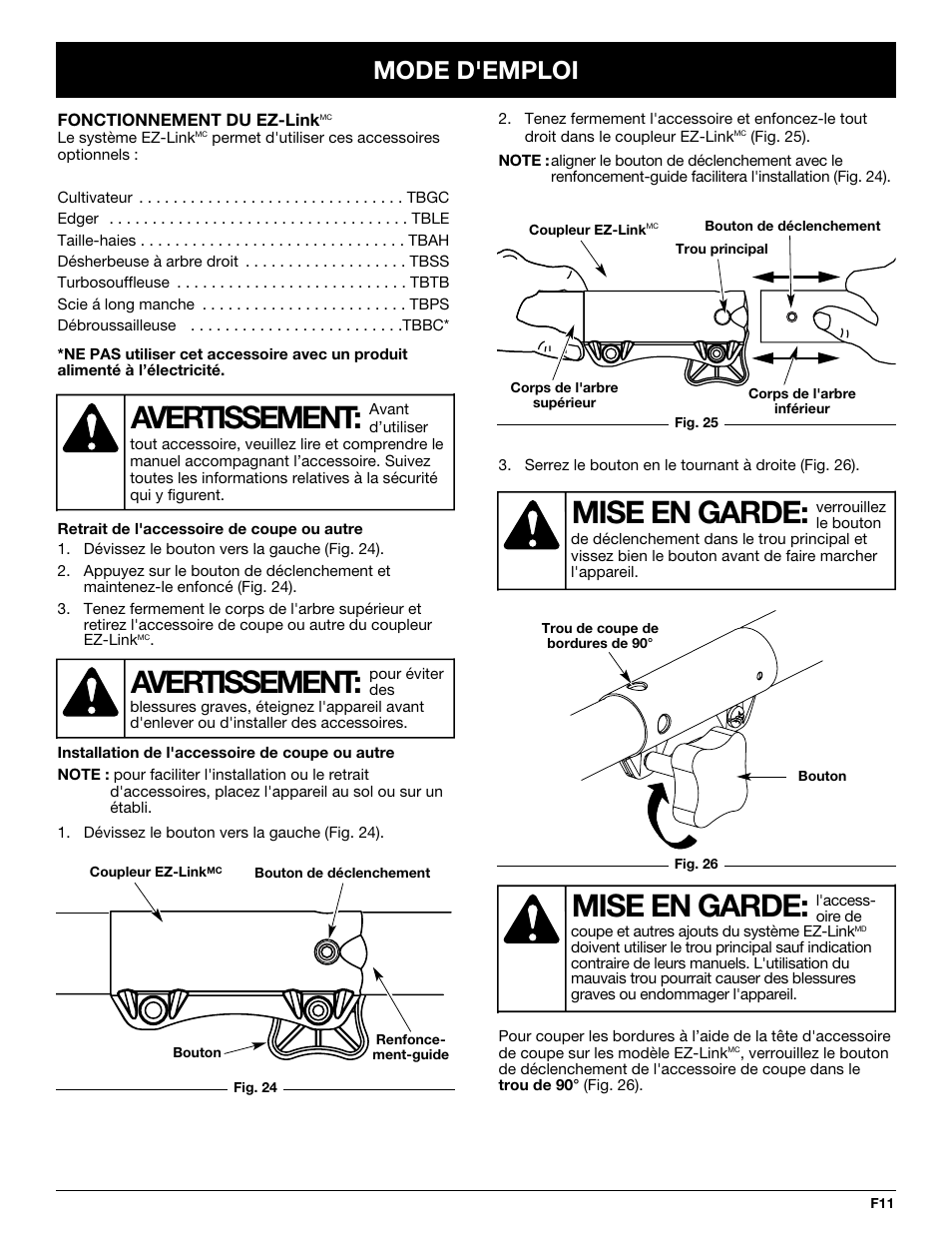 Mise en garde, Avertissement, Mode d'emploi | Troy-Bilt TB425CS User Manual | Page 37 / 82