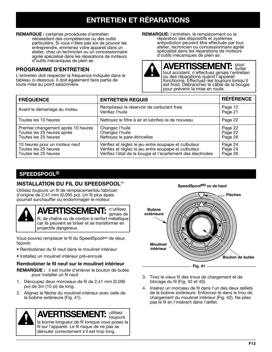 Avertissement, Entretien et réparations | Troy-Bilt TB425CS User Manual | Page 39 / 82