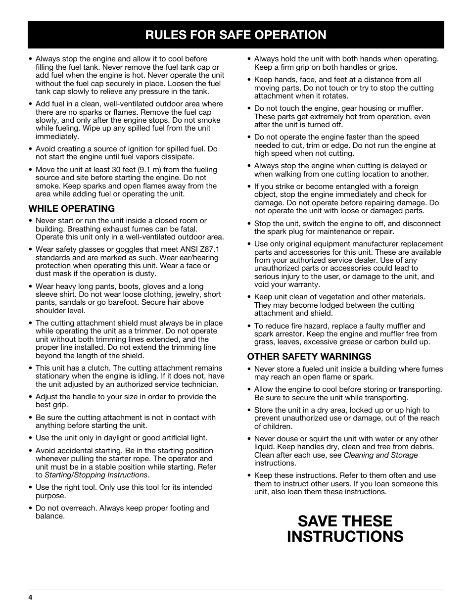 Save these instructions, Rules for safe operation | Troy-Bilt TB425CS User Manual | Page 4 / 82