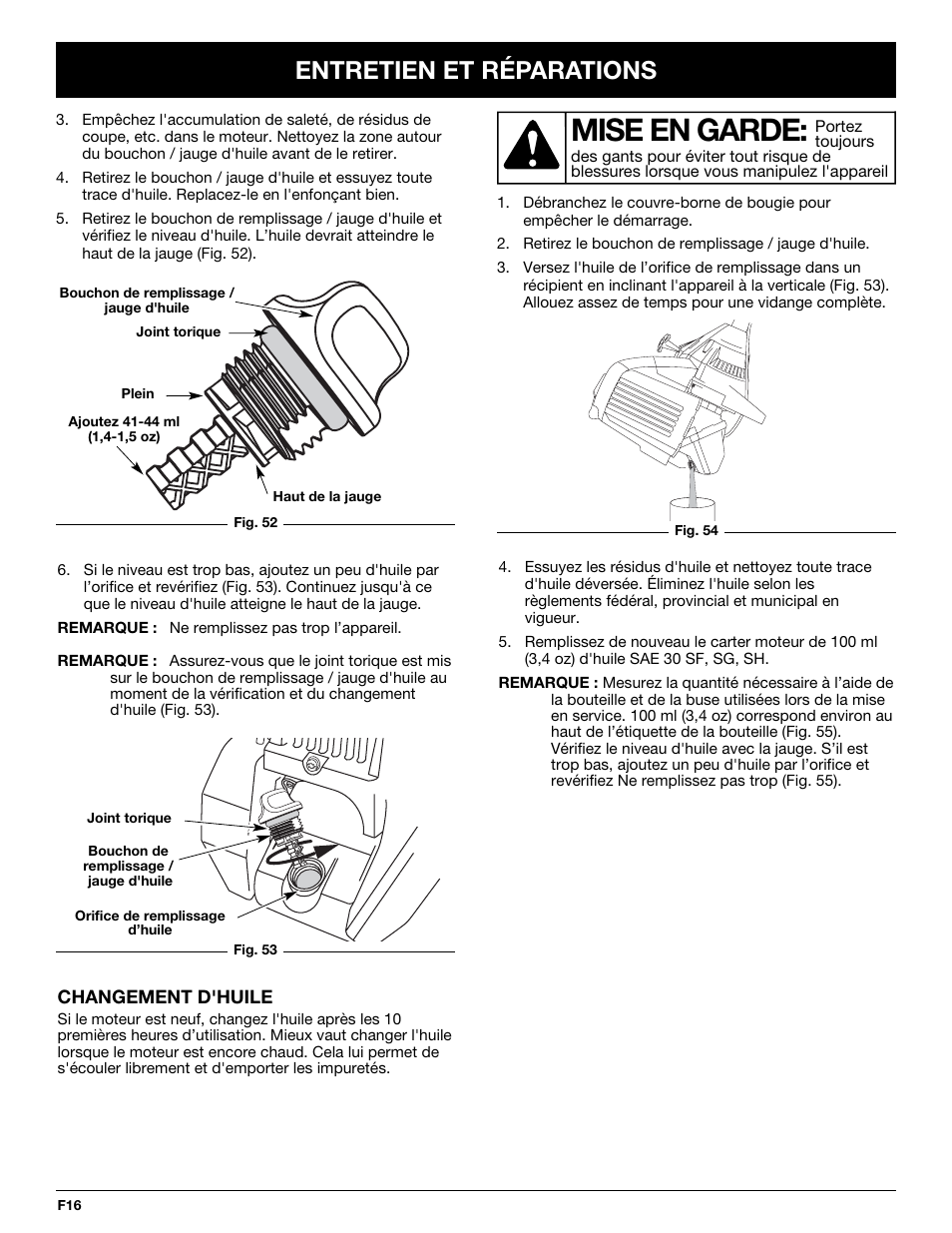 Mise en garde, Entretien et réparations | Troy-Bilt TB425CS User Manual | Page 42 / 82