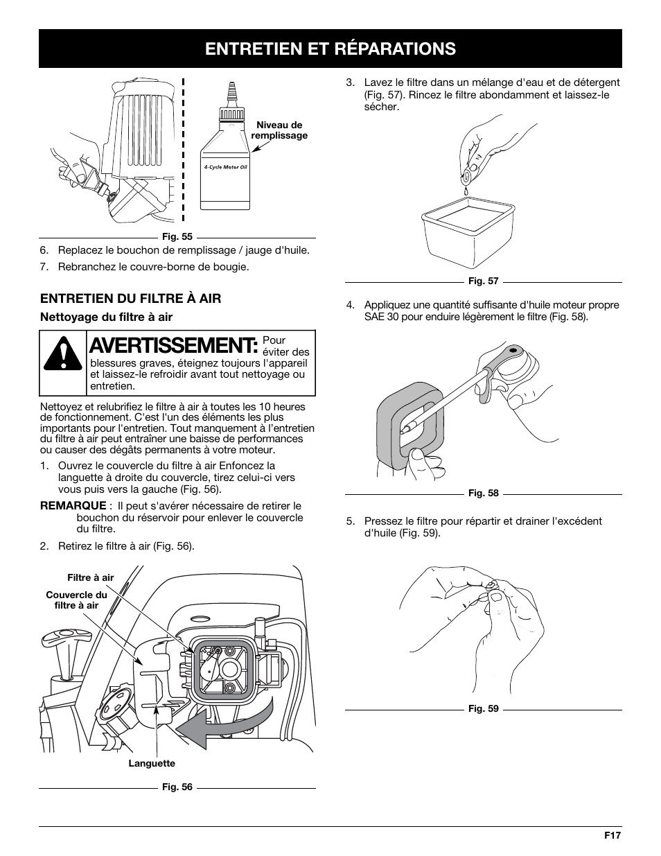 Avertissement, Entretien et réparations | Troy-Bilt TB425CS User Manual | Page 43 / 82