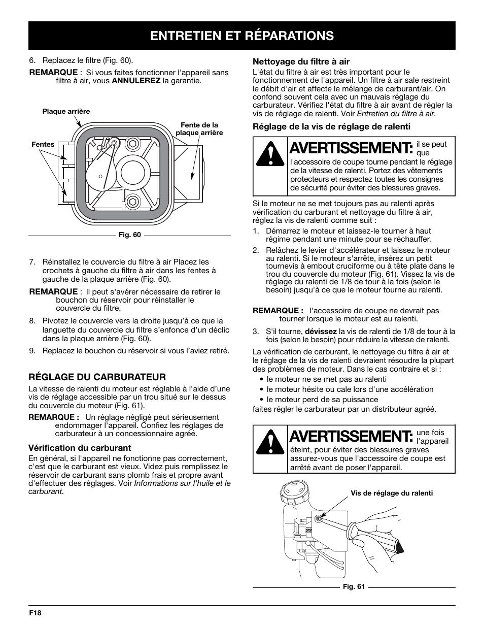 Avertissement, Entretien et réparations | Troy-Bilt TB425CS User Manual | Page 44 / 82