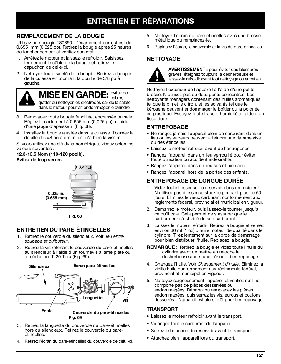 Mise en garde, Entretien et réparations | Troy-Bilt TB425CS User Manual | Page 47 / 82