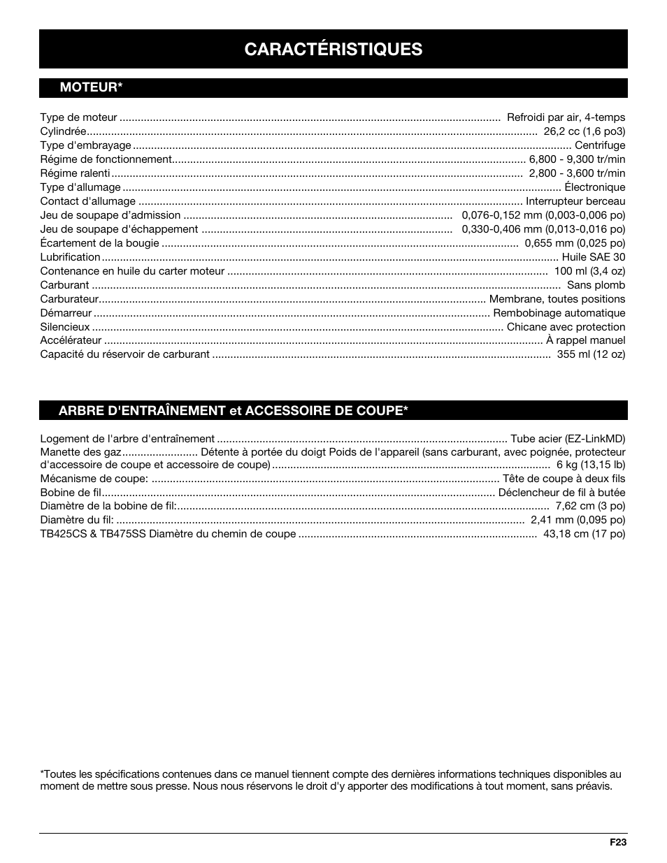 Caractéristiques | Troy-Bilt TB425CS User Manual | Page 49 / 82