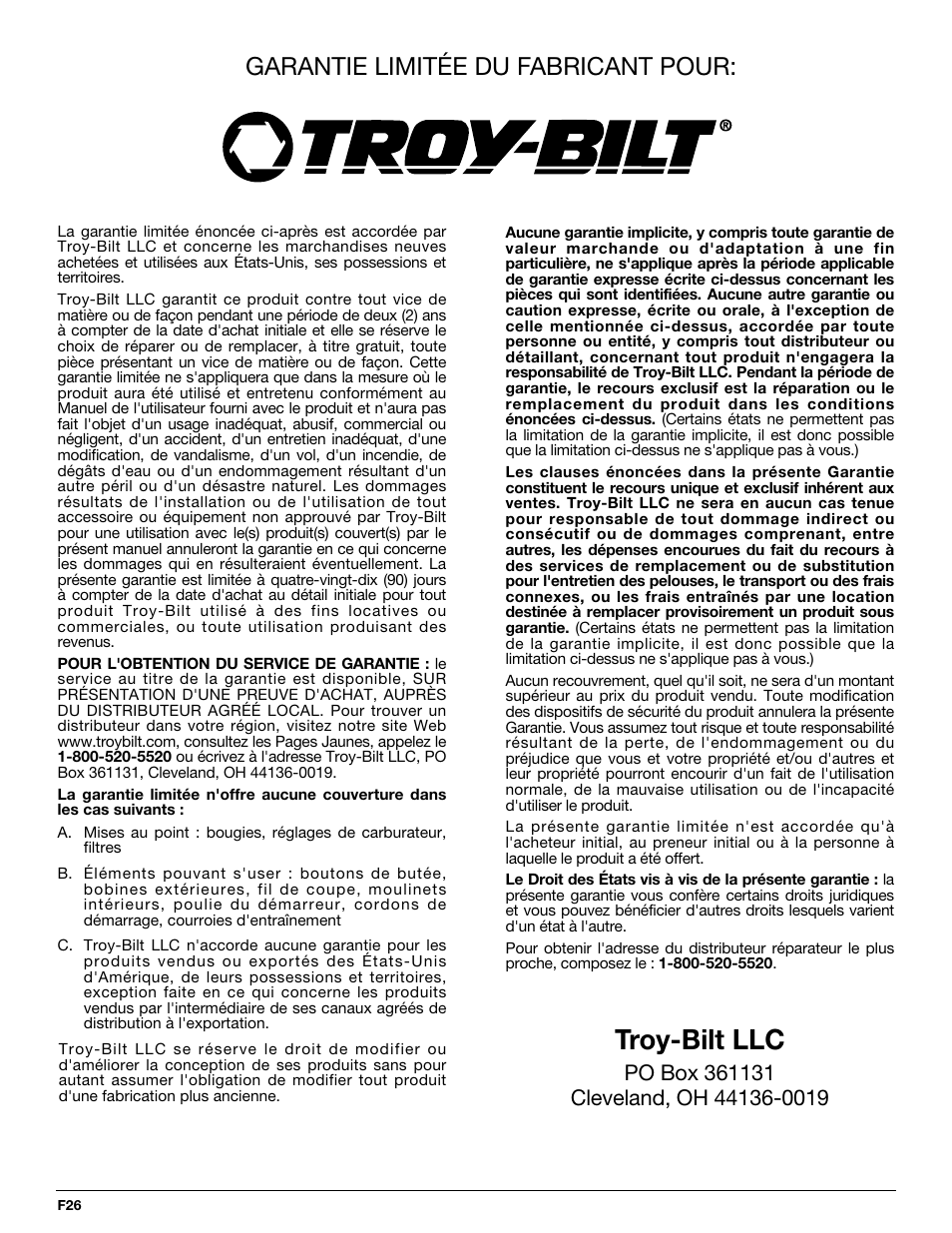 Troy-bilt llc, Garantie limitée du fabricant pour | Troy-Bilt TB425CS User Manual | Page 52 / 82